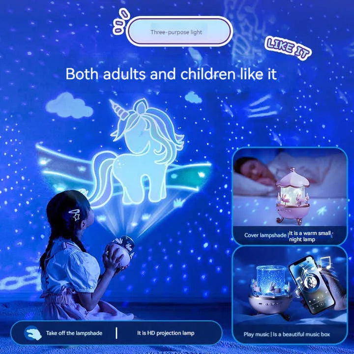 360° Rotating Bunny Projector Night Light – LED Carousel Lamp with 6 Films | USB Rechargeable | Kids Bedroom Star Projector | Best Birthday Gift for Girls & Boys
