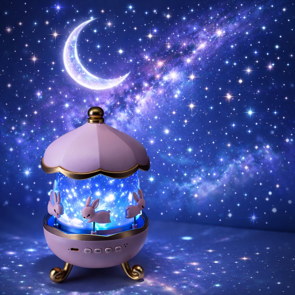 360° Rotating Bunny Projector Night Light – LED Carousel Lamp with 6 Films | USB Rechargeable | Kids Bedroom Star Projector | Best Birthday Gift for Girls & Boys