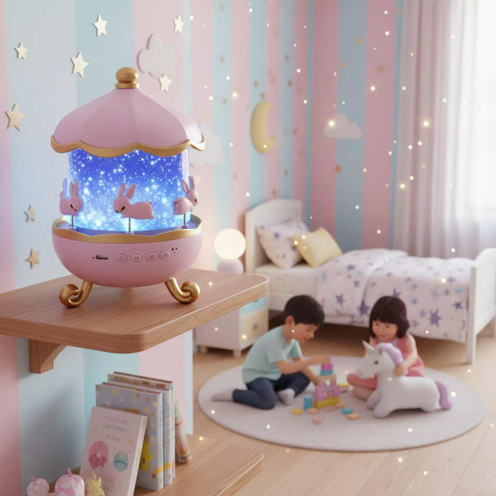 360° Rotating Bunny Projector Night Light – LED Carousel Lamp with 6 Films | USB Rechargeable | Kids Bedroom Star Projector | Best Birthday Gift for Girls & Boys