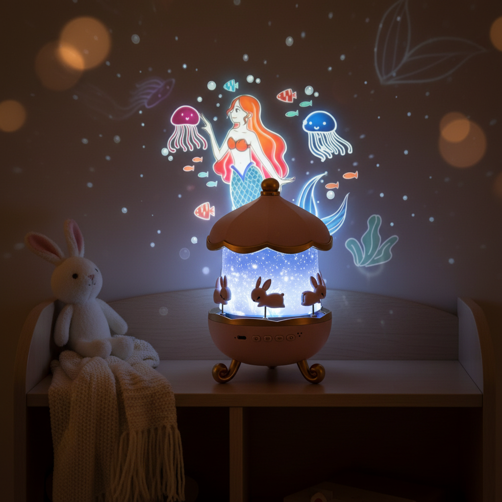 360° Rotating Bunny Projector Night Light – LED Carousel Lamp with 6 Films | USB Rechargeable | Kids Bedroom Star Projector | Best Birthday Gift for Girls & Boys