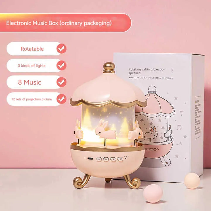 360° Rotating Bunny Projector Night Light – LED Carousel Lamp with 6 Films | USB Rechargeable | Kids Bedroom Star Projector | Best Birthday Gift for Girls & Boys