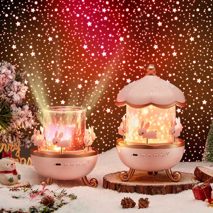 360° Rotating Bunny Projector Night Light – LED Carousel Lamp with 6 Films | USB Rechargeable | Kids Bedroom Star Projector | Best Birthday Gift for Girls & Boys