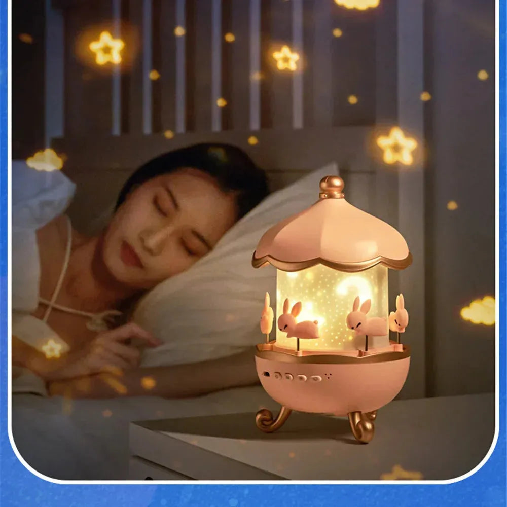 360° Rotating Bunny Projector Night Light – LED Carousel Lamp with 6 Films | USB Rechargeable | Kids Bedroom Star Projector | Best Birthday Gift for Girls & Boys