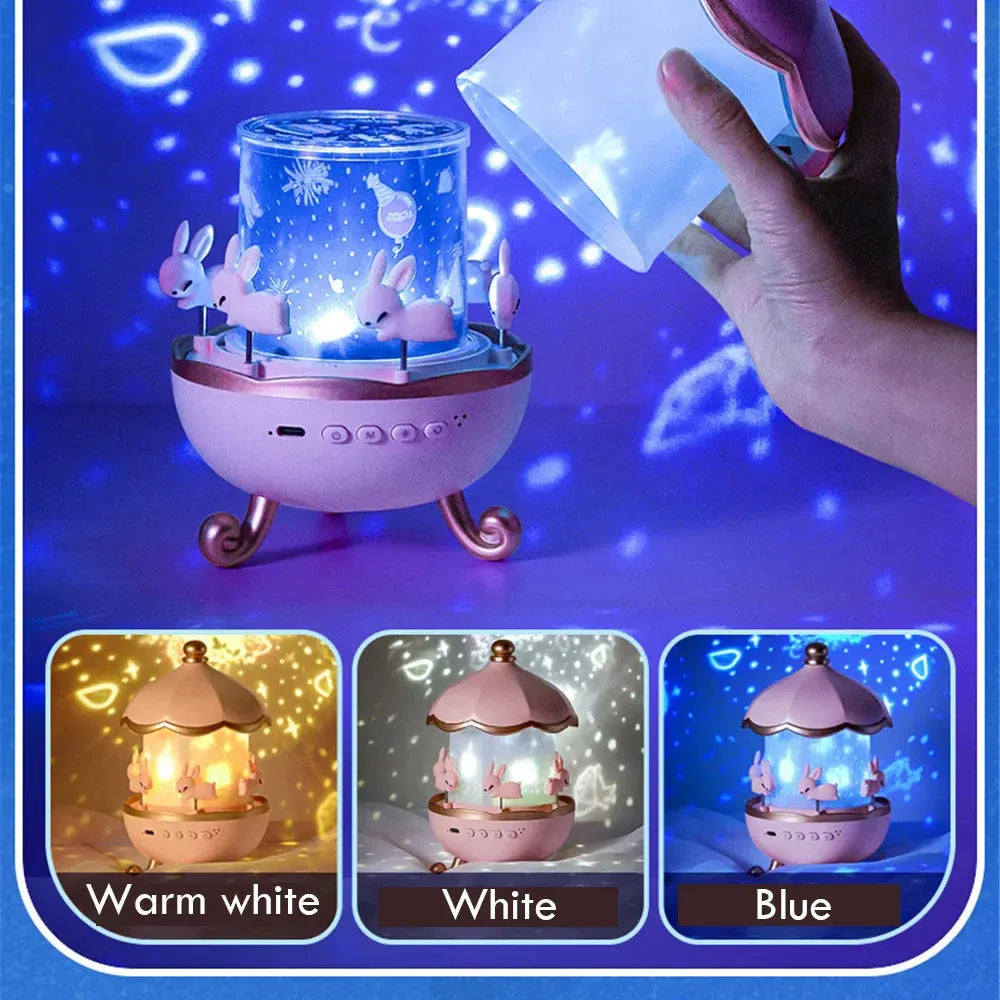 360° Rotating Bunny Projector Night Light – LED Carousel Lamp with 6 Films | USB Rechargeable | Kids Bedroom Star Projector | Best Birthday Gift for Girls & Boys