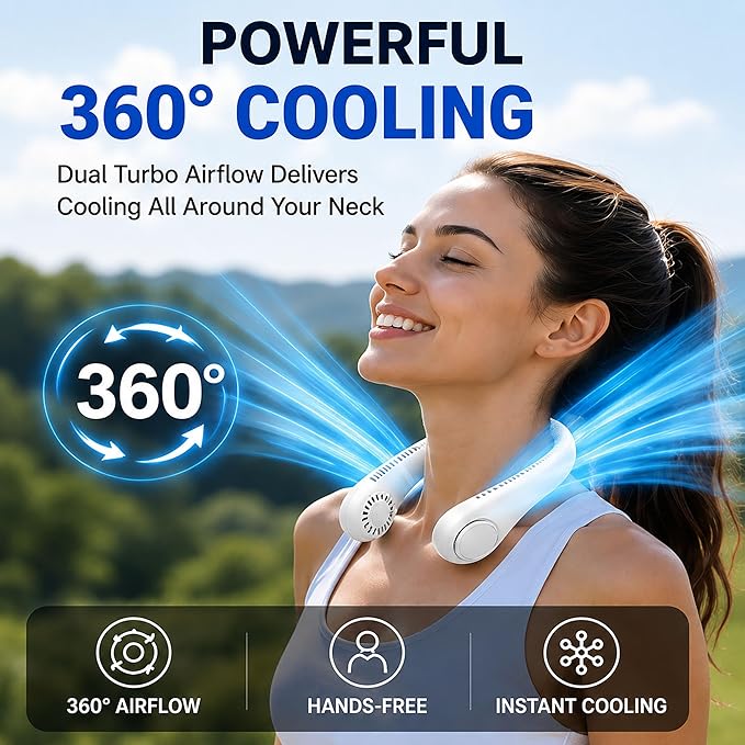 Bladeless Neck Fan – Portable Wearable Personal Fan | USB Rechargeable | 3 Speeds | 360° Hands-Free Cooling | Outdoor Travel Office Sports | Vybify.pk