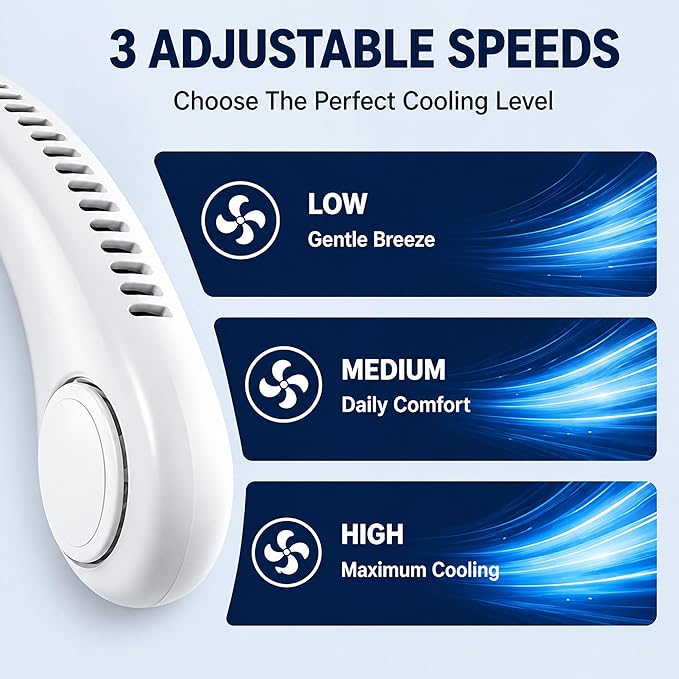 Bladeless Neck Fan – Portable Wearable Personal Fan | USB Rechargeable | 3 Speeds | 360° Hands-Free Cooling | Outdoor Travel Office Sports | Vybify.pk
